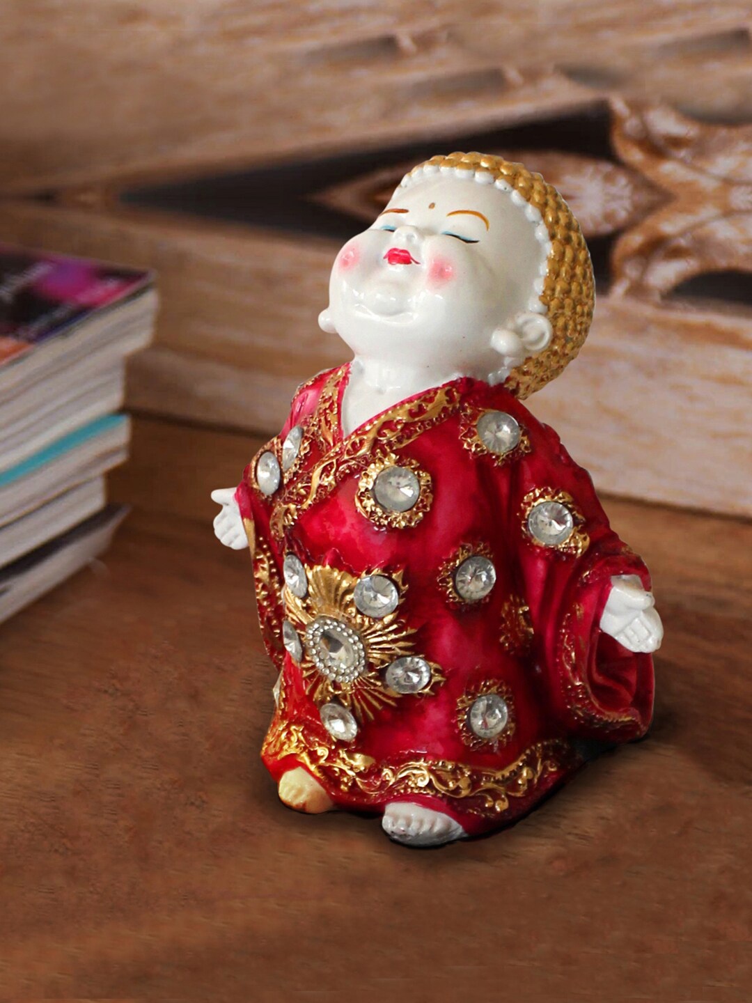 

TIED RIBBONS White & Red Textured Monk Buddha Showpiece