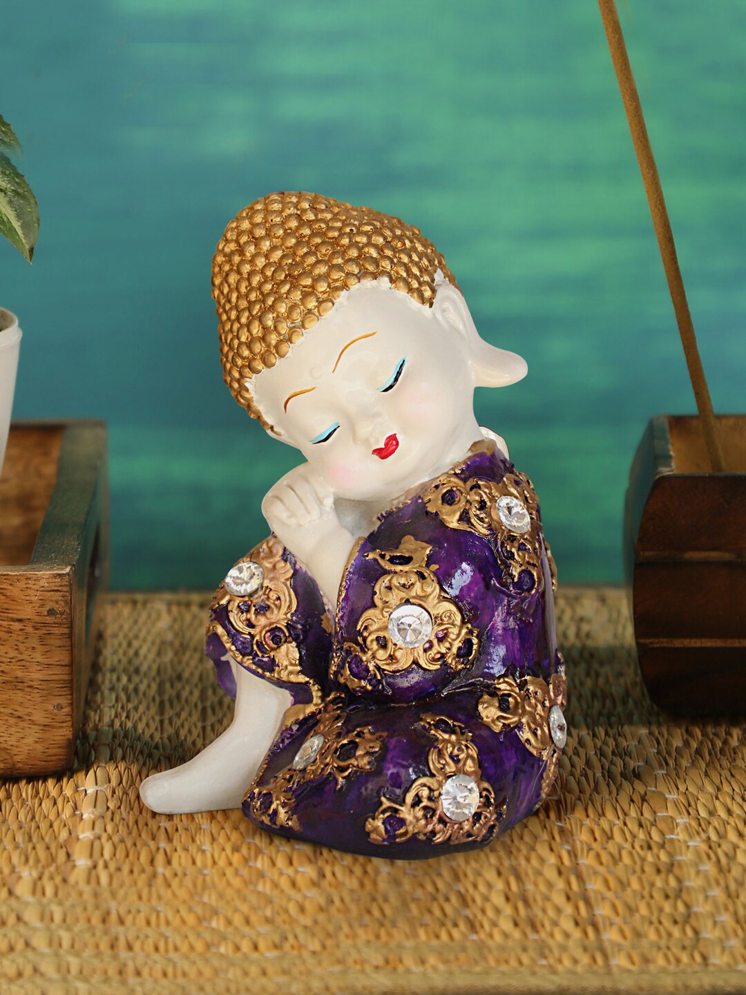 

TIED RIBBONS Purple & White Textured Monk Buddha Showpiece