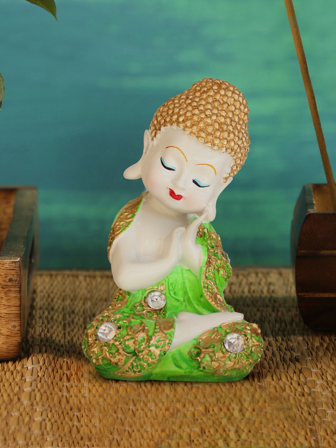 

TIED RIBBONS Green & White Monk Buddha Statue Showpiece