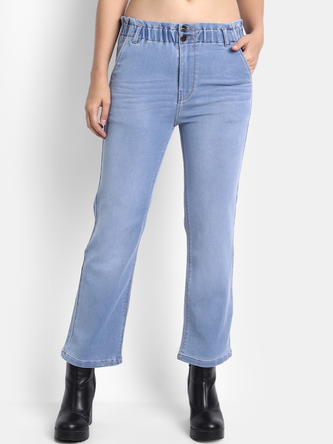 

Next One Women Straight Fit High-Rise Light Fade Stretchable Cotton Jeans, Blue