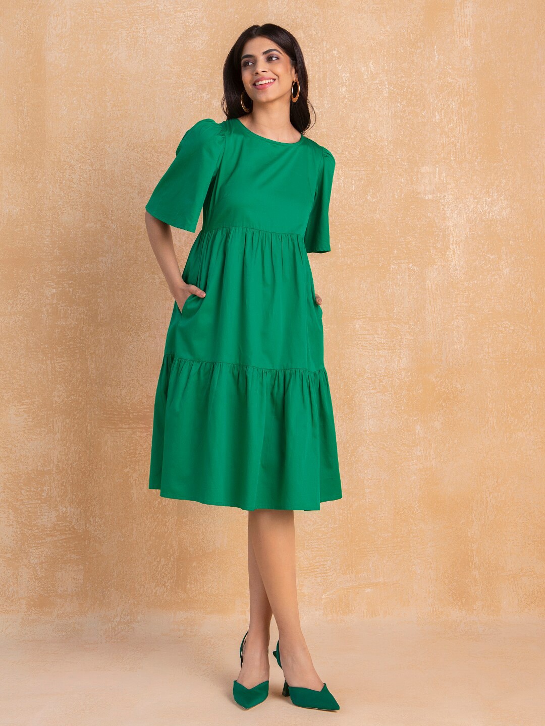 

Femella Round Neck A-Line Dress, Green