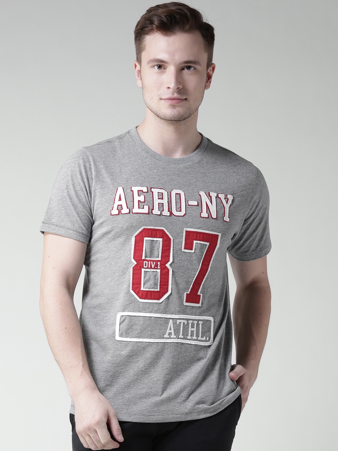 

Aeropostale Men Grey Melange Applique Detail Round Neck Pure Cotton T-shirt