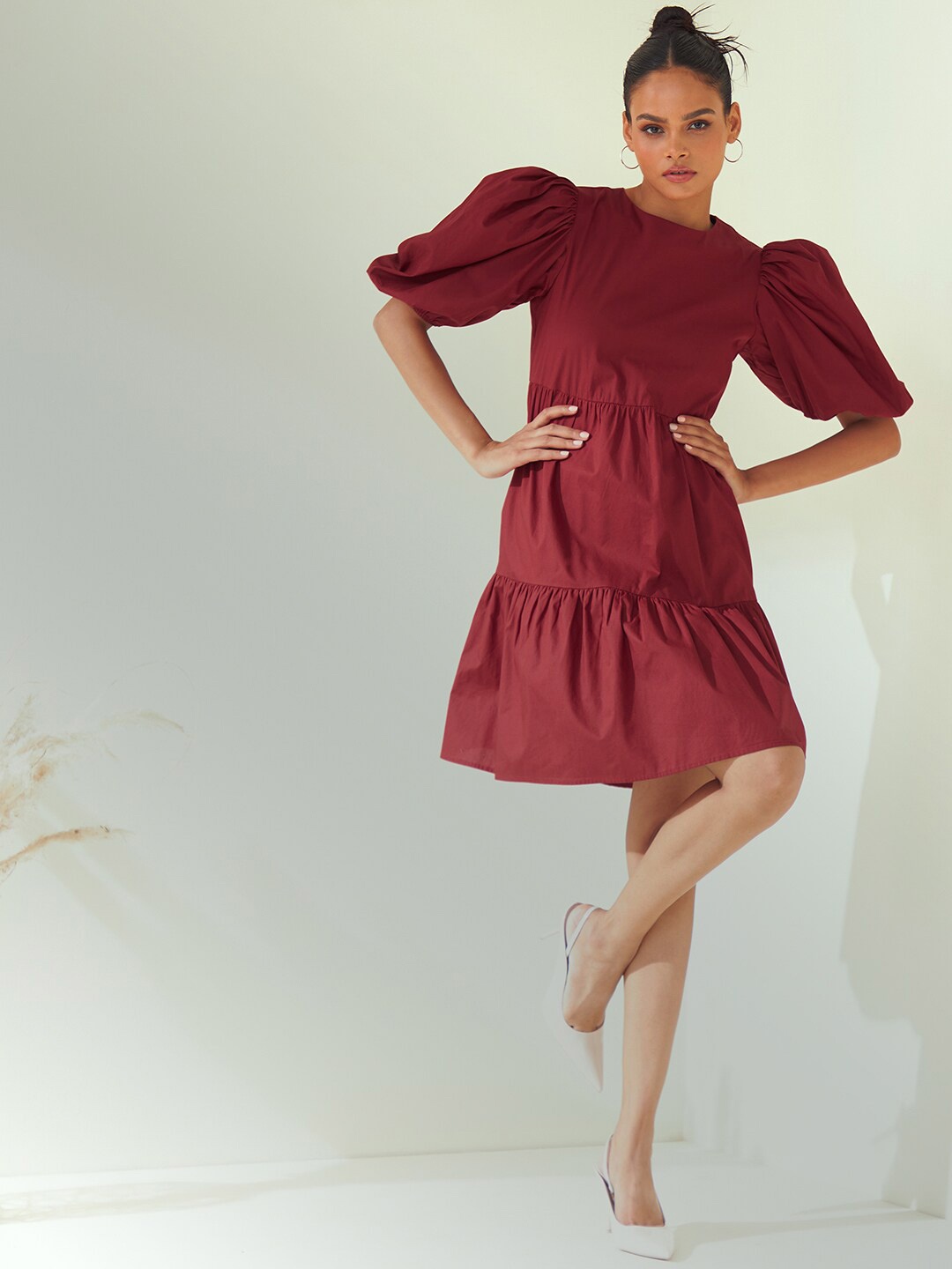 

Femella Fit & Flare Puff Sleeves Tiered Cotton Dress, Red