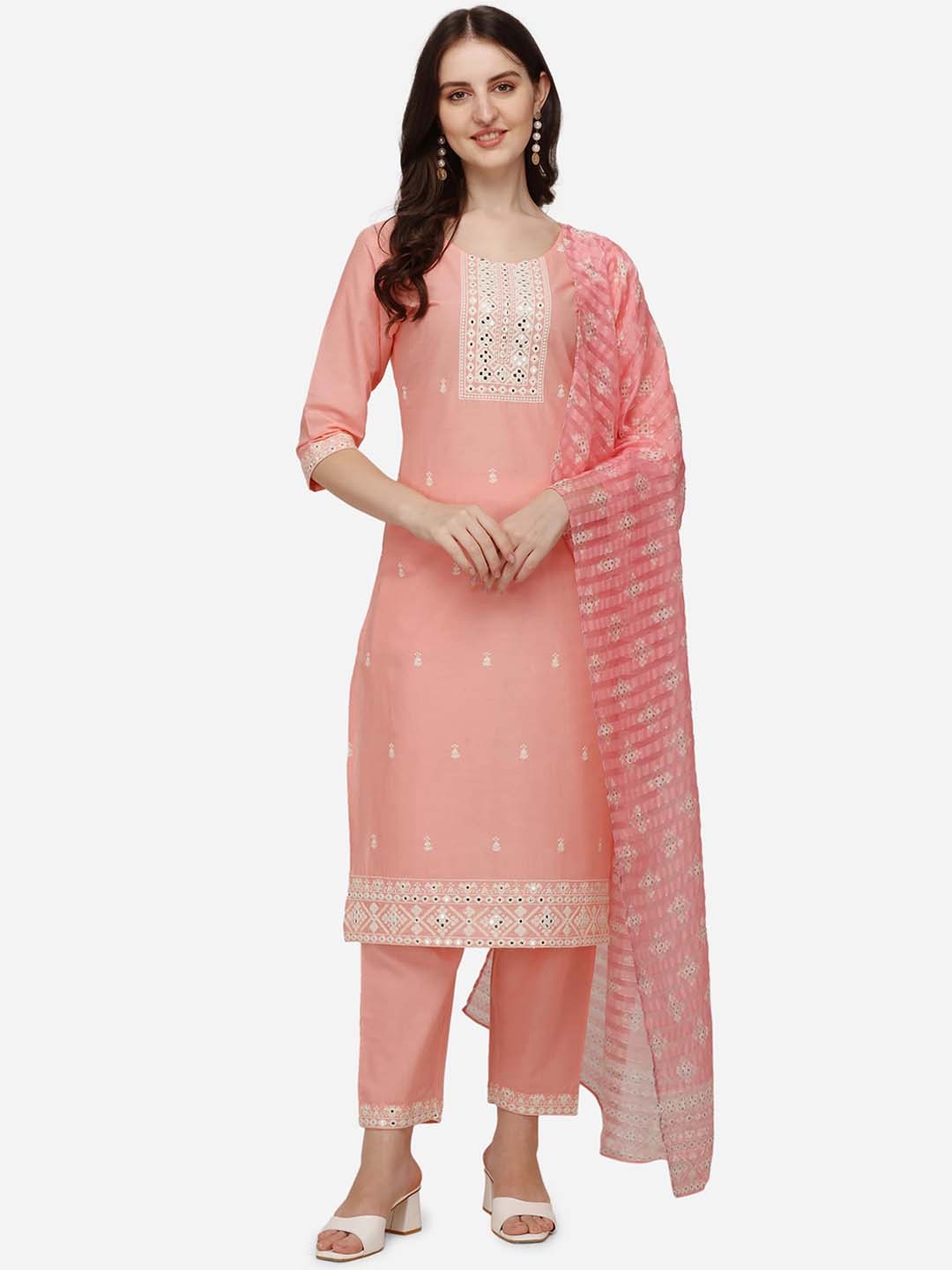 

Berrylicious Women Embroidered Mirror Work Pure Cotton Kurta with Trousers & With Dupatta, Pink