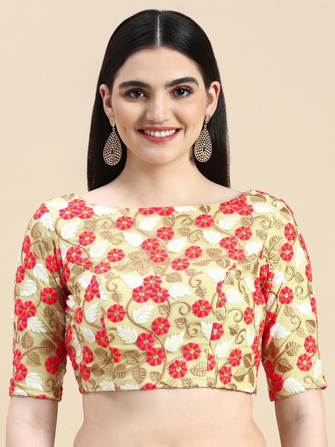 

Ethnovog Ready To Wear Multicolored Embroidered Net Blouse, Red