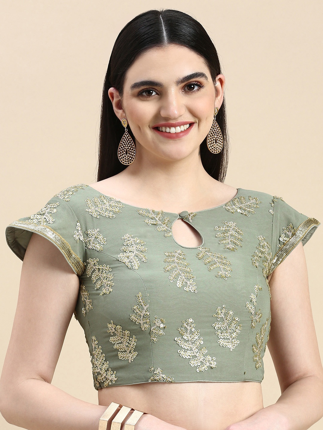 

Ethnovog Sequinned Keyhole Neck Stitched Blouse, Grey