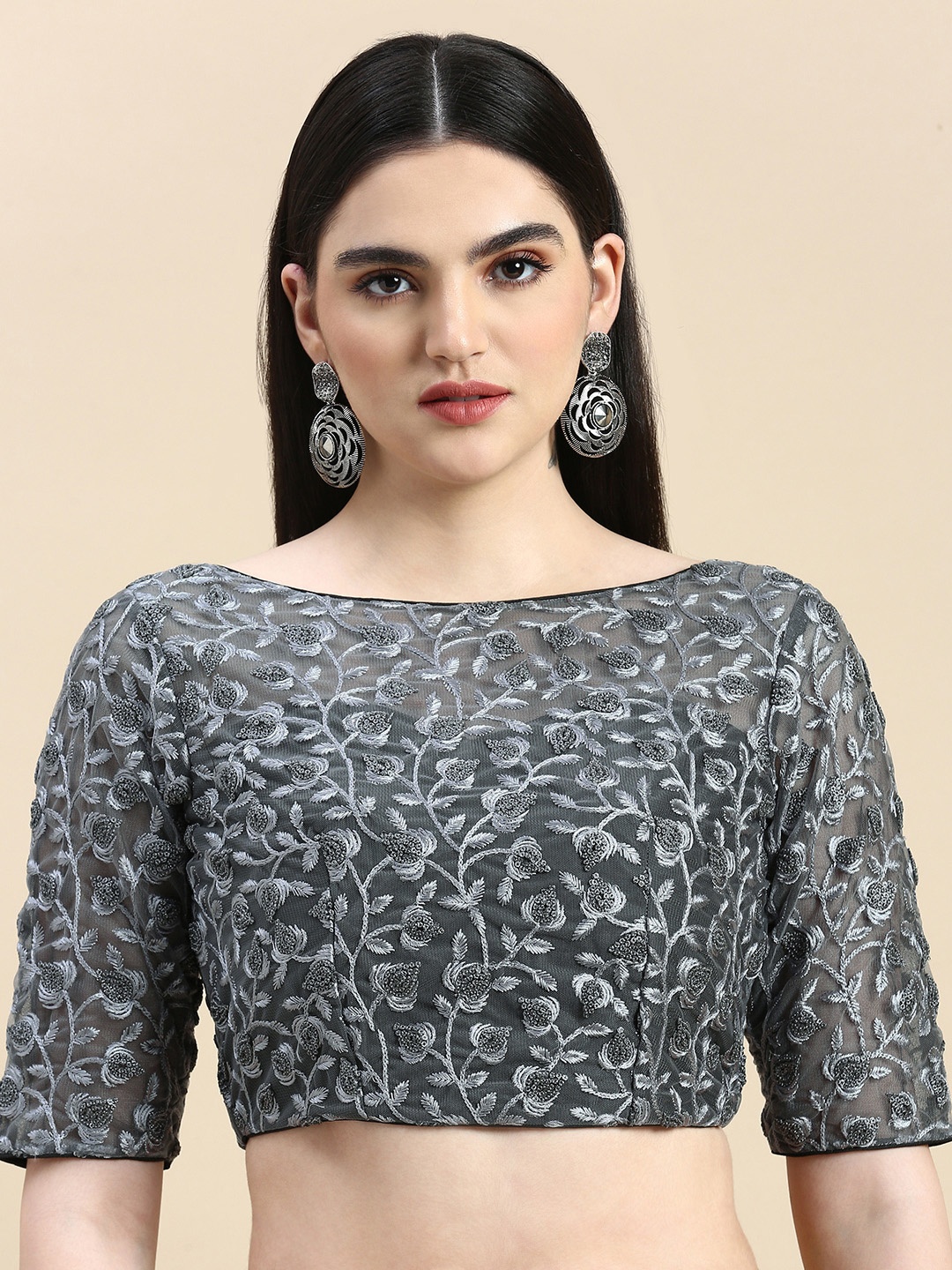 

Ethnovog Ready To Wear Grey Embroidered Net Blouse