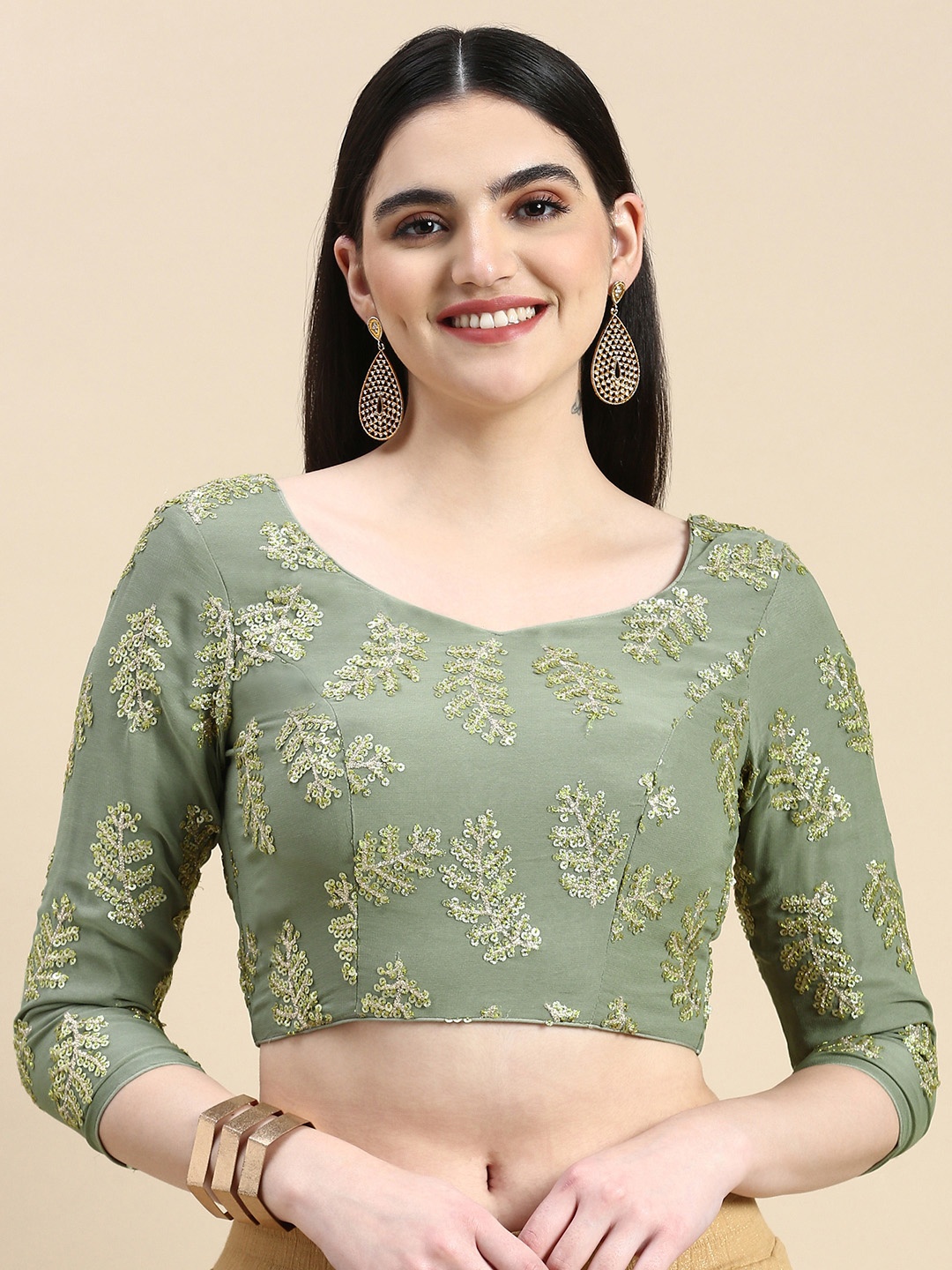 

Ethnovog Ready To Wear Grey Sequins Embroidered Chinon Blouse, Green