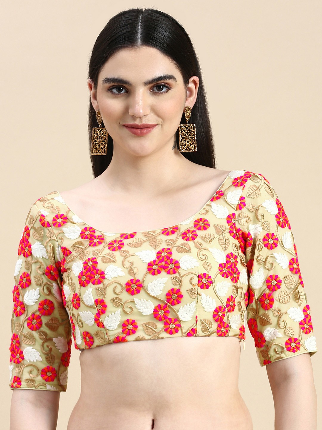 

Ethnovog Floral Embroidered Scoop Neck Stitched Net Blouse, Beige
