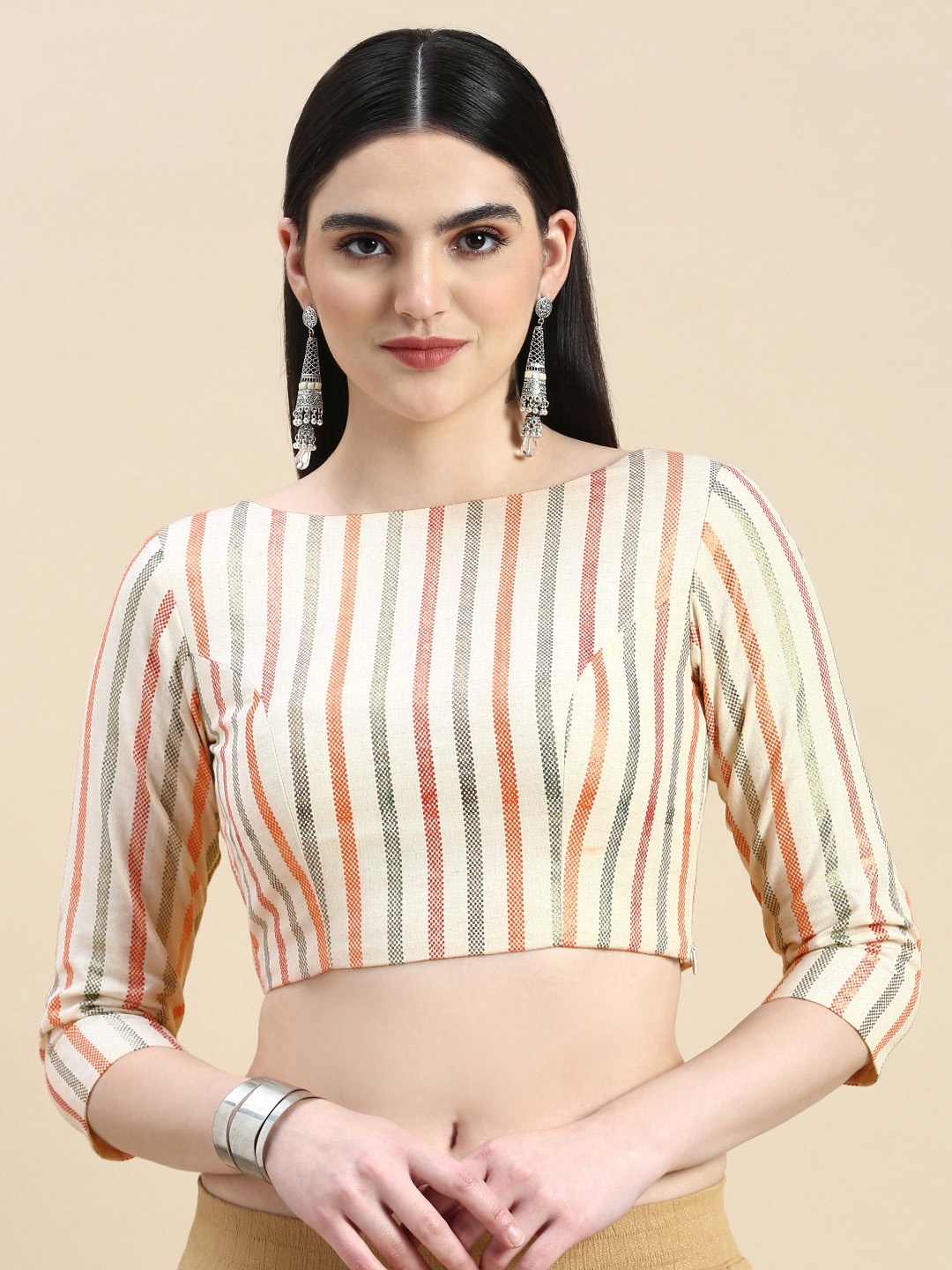 

Ethnovog Striped Boat Neck Ready To Wear Blouse, Off white