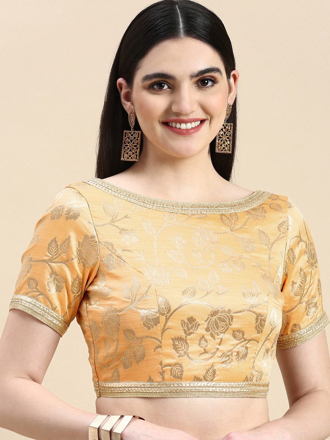 

Ethnovog Floral Design Brocade Stitched Blouse, Peach