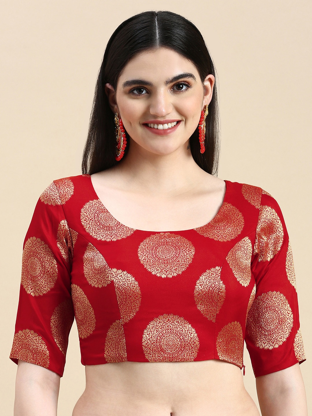 

Ethnovog Ethnic Motifs Printed Scoop Neck Ready To Wear Blouse, Red