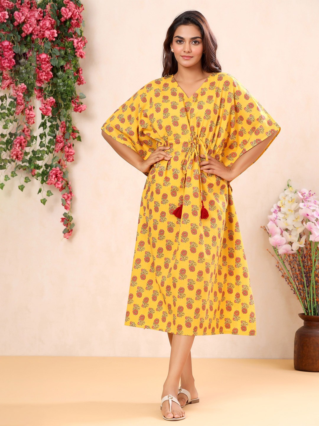 

mirari Floral Printed Pure Cotton Nightdress, Yellow