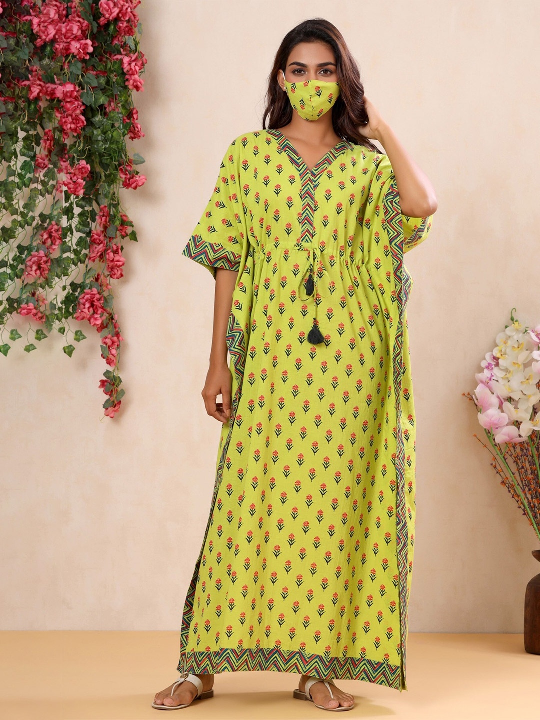 

mirari Women Floral Printed Pure Cotton Maxi Nightdress, Green