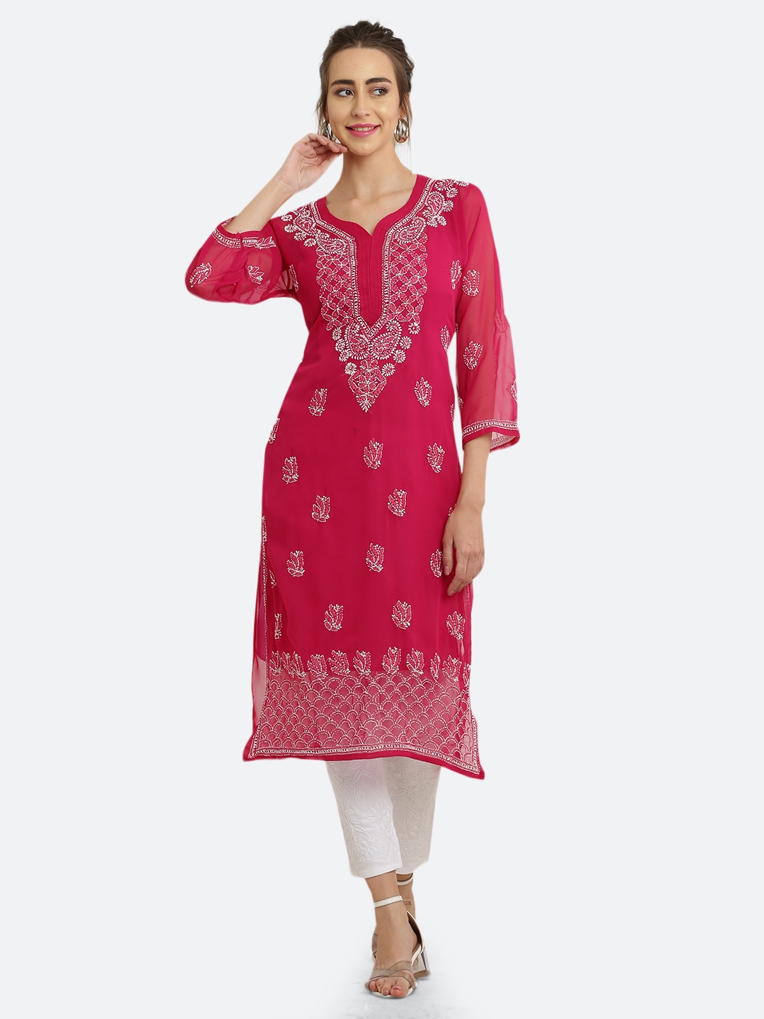 

FAWOMENT Ethnic Motifs Embroidered Chikankari Handloom Georgette Kurta, Pink