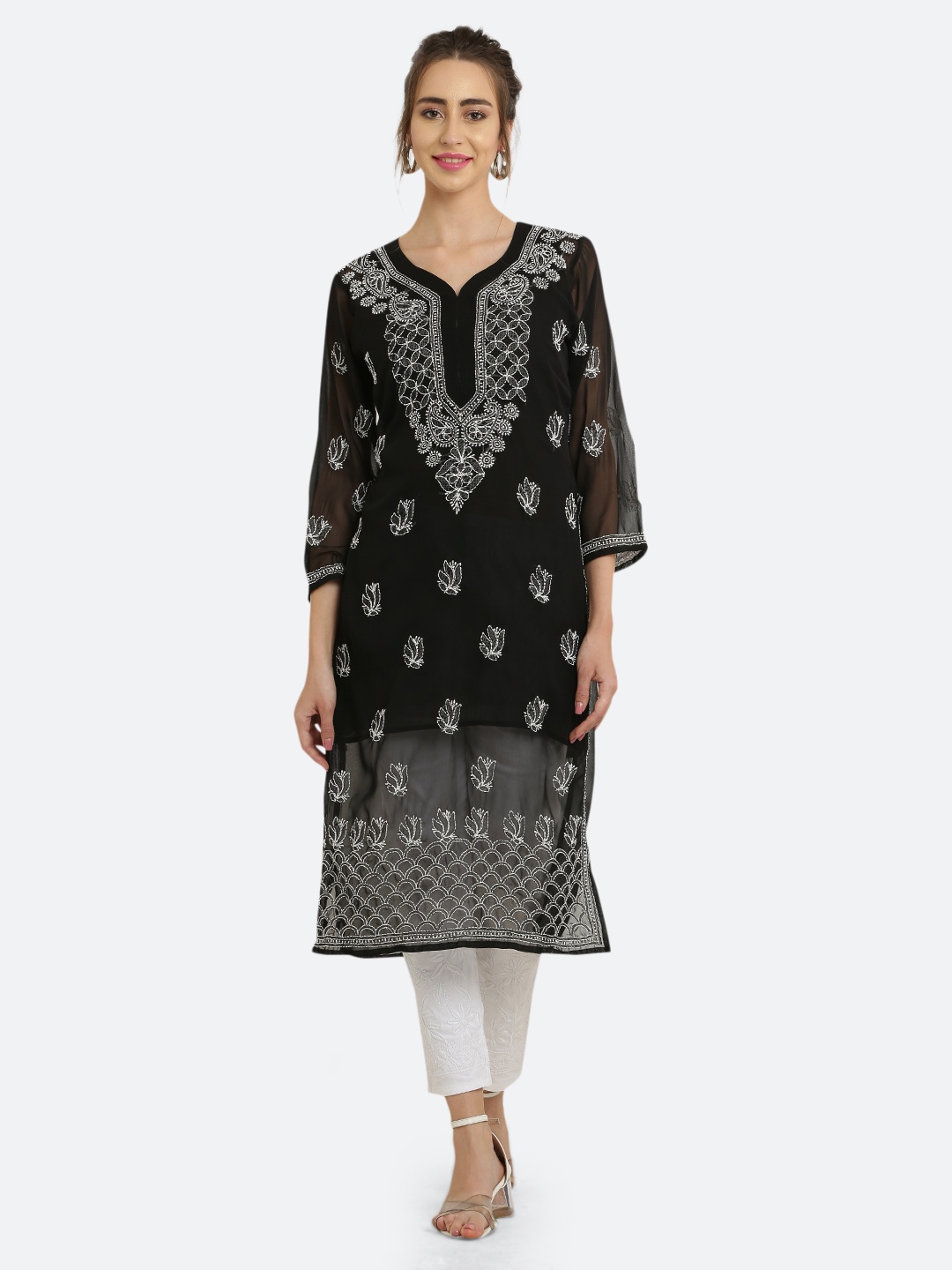 

FAWOMENT V-Neck Ethnic Motifs Embroidered Chikankari Georgette Kurta, Black