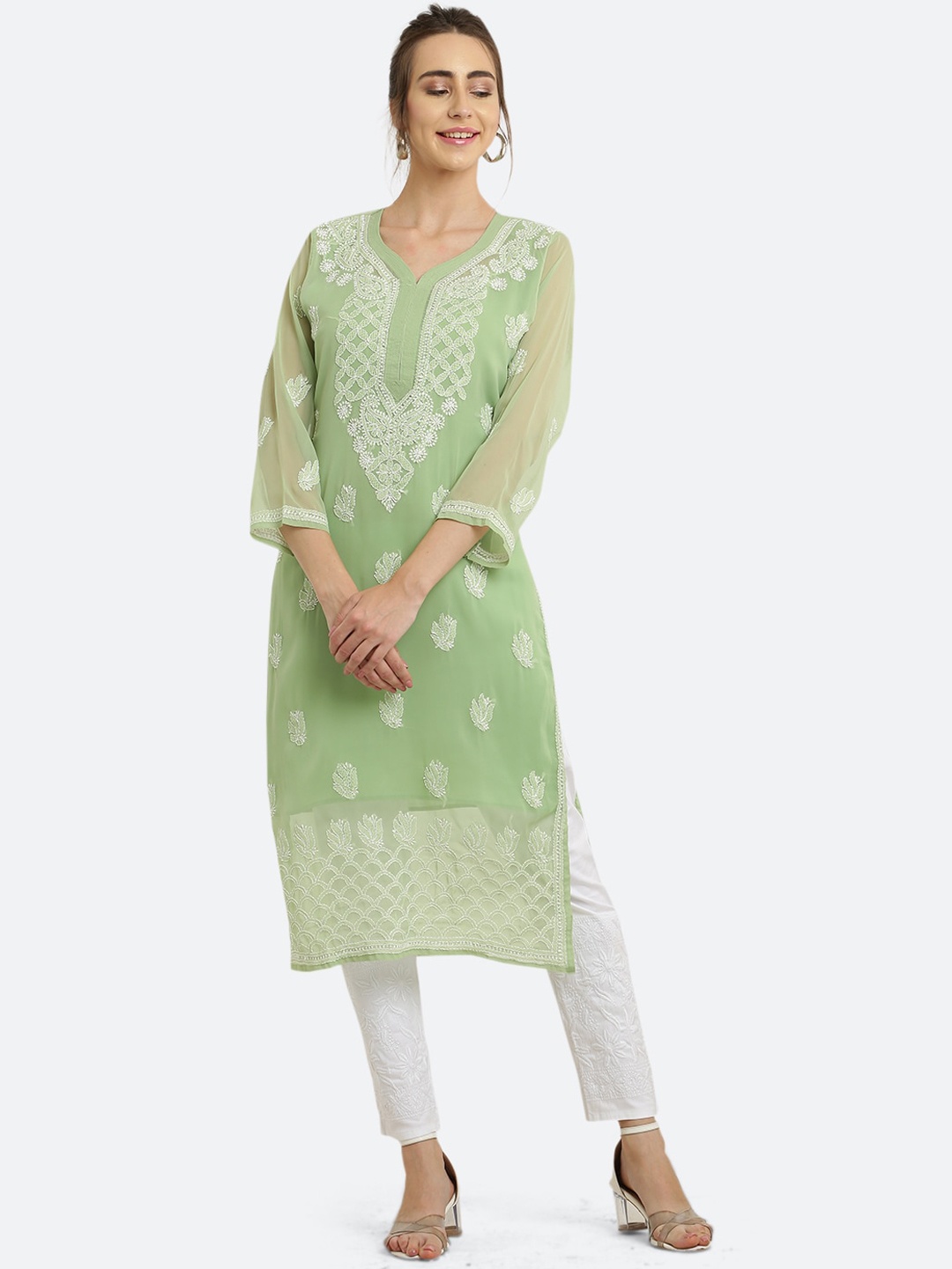 

FAWOMENT Ethnic Motifs Embroidered Chikankari Georgette Kurta, Green