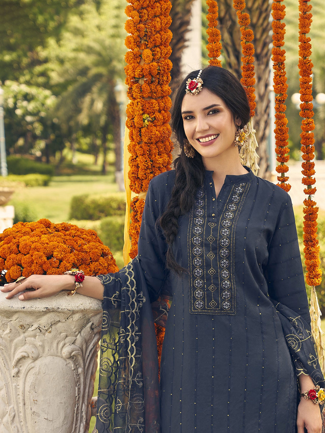 

AUTUMN LANE Women Ethnic Motifs Embroidered Sequinned Kurta with Trousers & With Dupatta, Blue