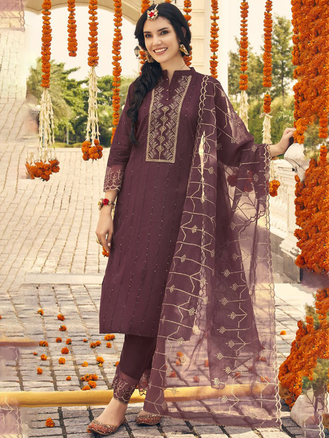 

AUTUMN LANE Women Embroidered Sequinned Kurta with Trousers & With Dupatta, Rose