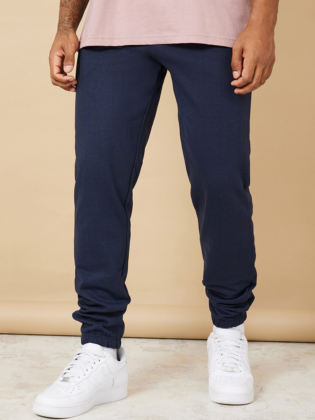 

Styli Men Pure Cotton French Terry Slim Fit Joggers, Navy blue