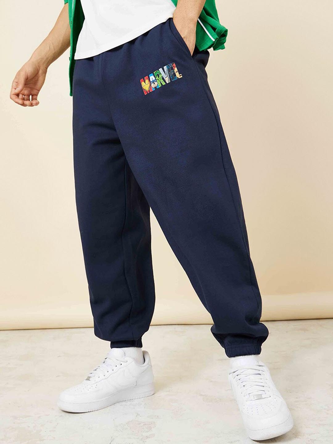 

Styli Men Marvel Printed Oversized Relaxed-Fit Cotton Joggers, Navy blue