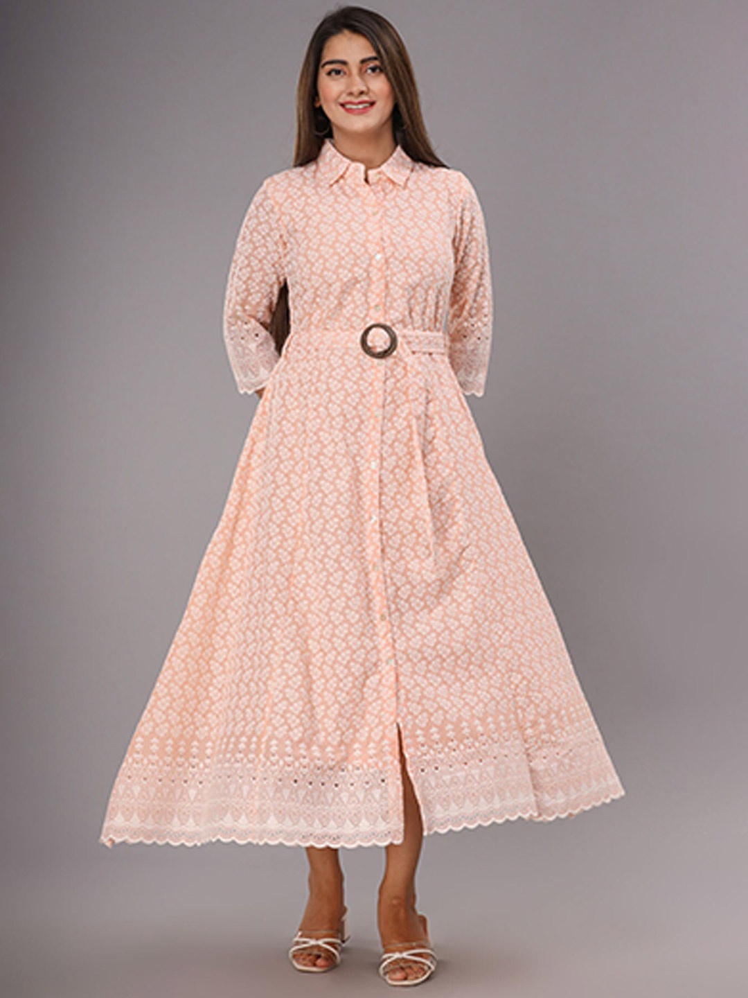 

FASHION DWAR Ethnic Motifs Embroidered Midi Cotton Dress, Peach