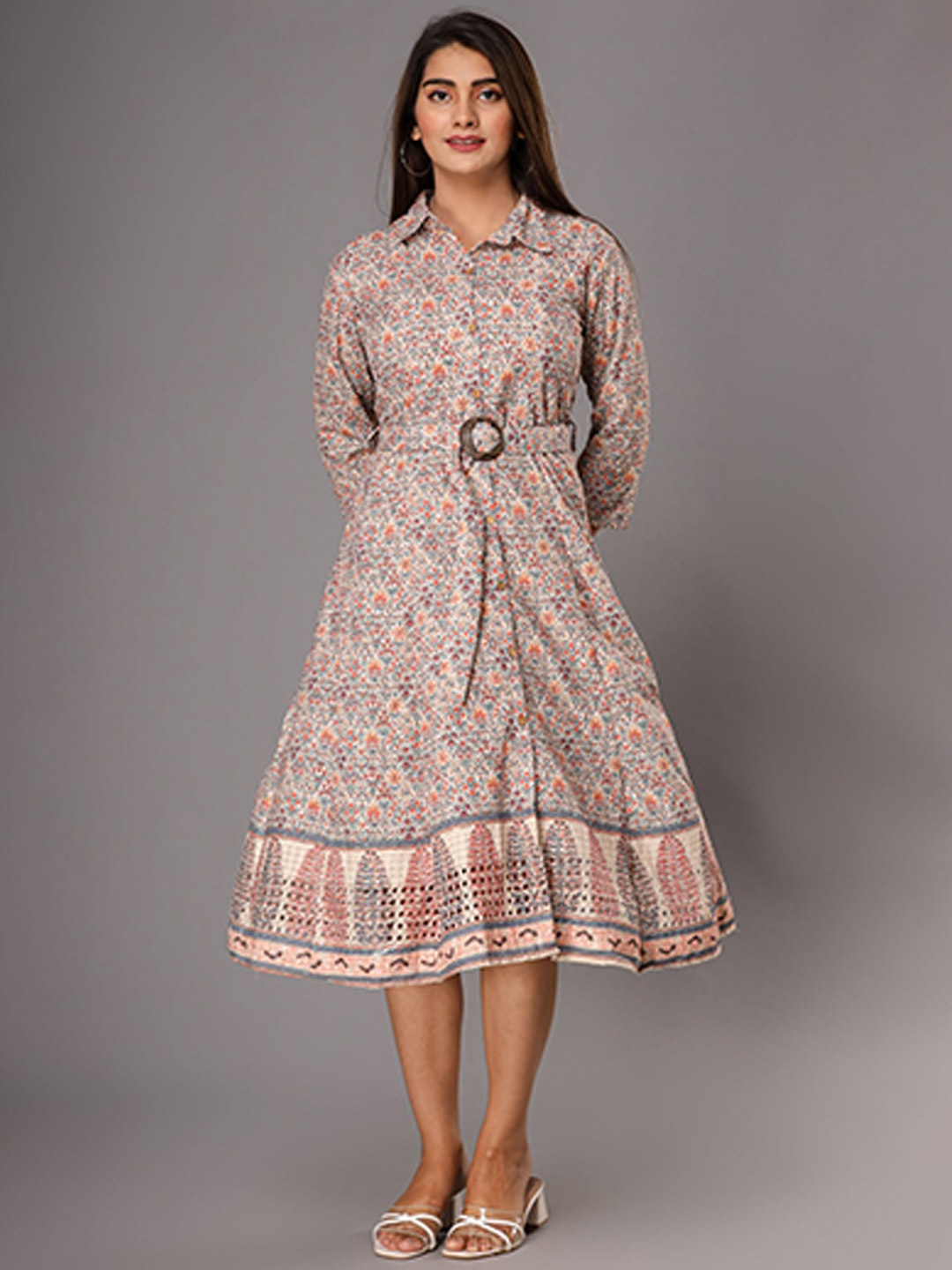 

FASHION DWAR Ethnic Motifs Midi Dress, Beige