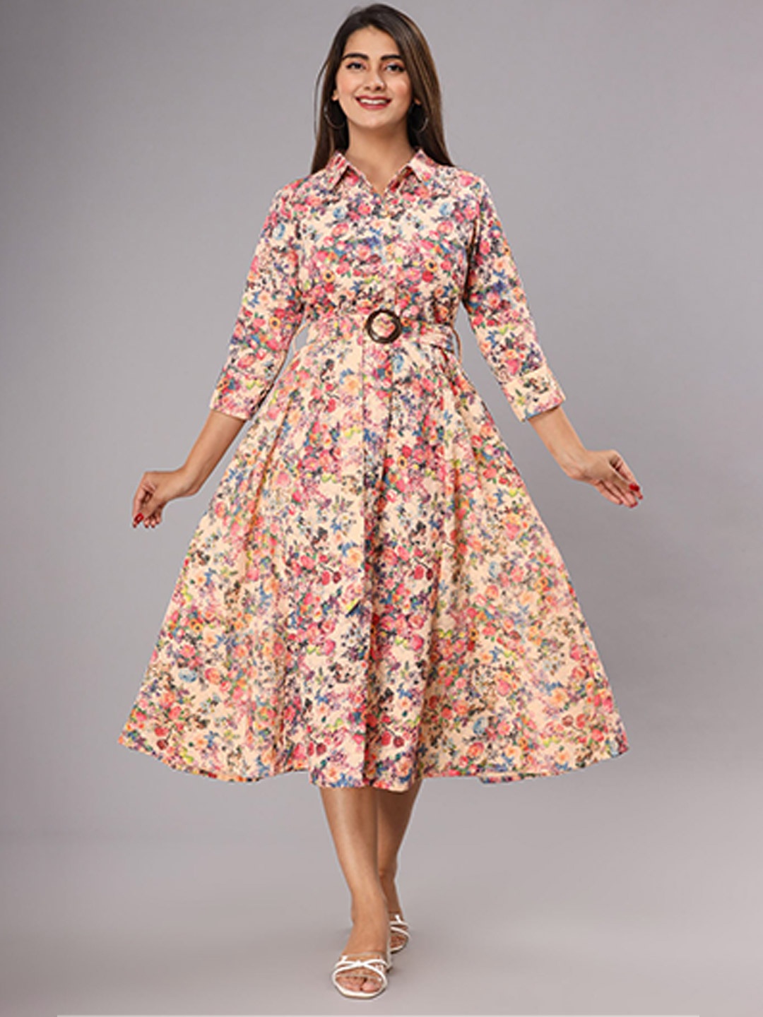 

FASHION DWAR Peach-Coloured Floral Midi Dress