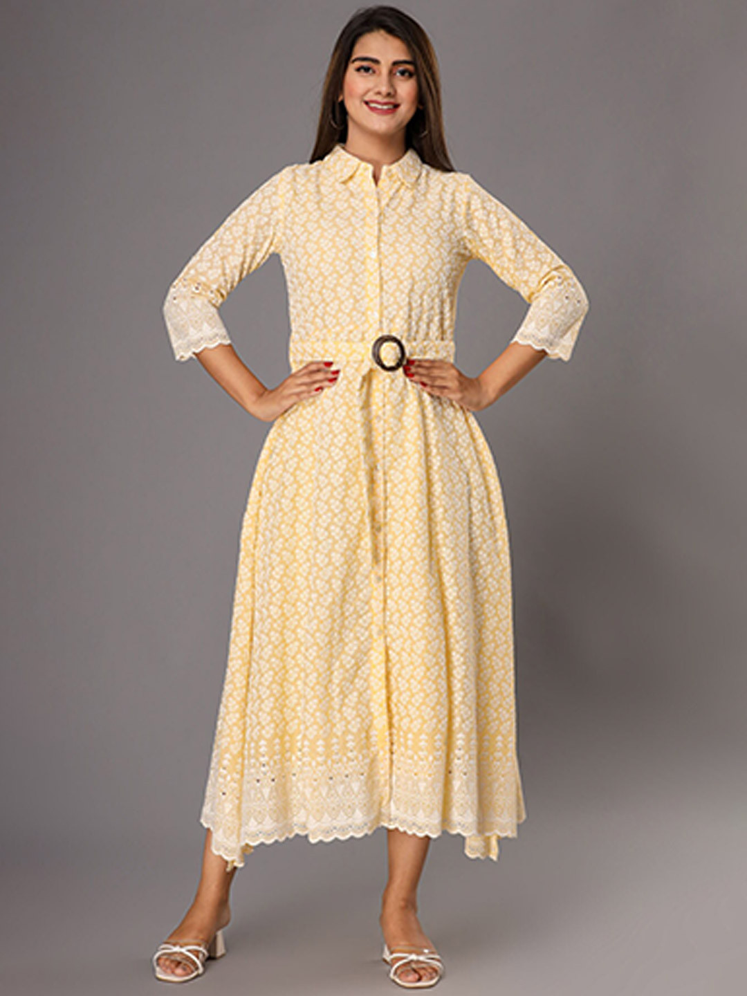 

FASHION DWAR Ethnic Motifs Midi Cotton Dress, Yellow