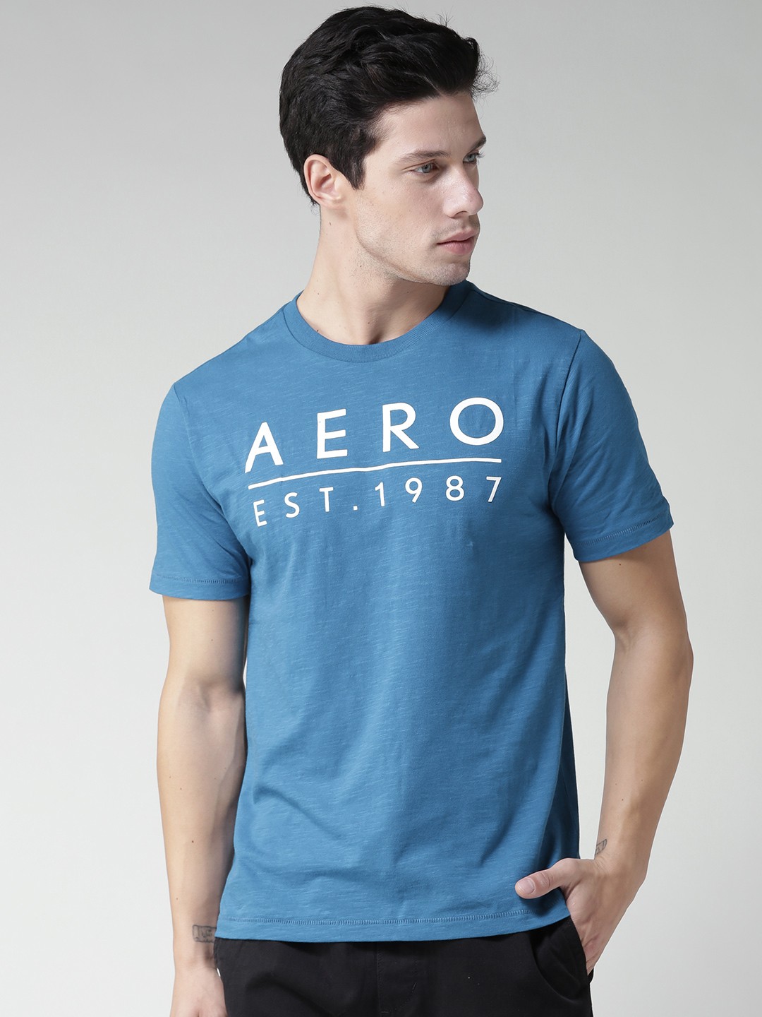

Aeropostale Men Blue Printed Round Neck Pure Cotton T-shirt