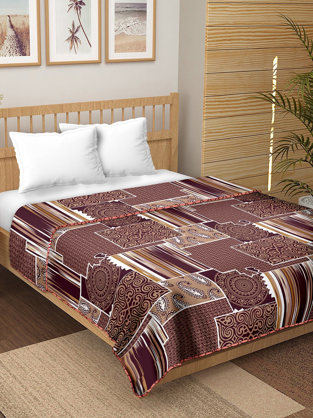 

BELLA CASA Brown & White Ethnic Motifs Reversible Cotton AC Room Double Bed Dohar