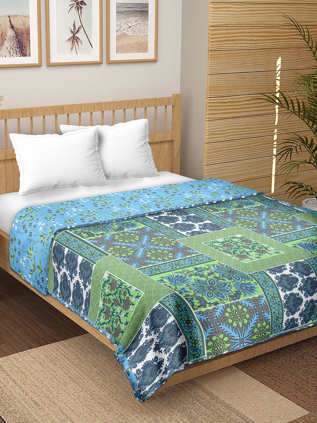 

BELLA CASA Blue & Green Ethnic Motifs Reversible Cotton AC Room Double Bed Dohar