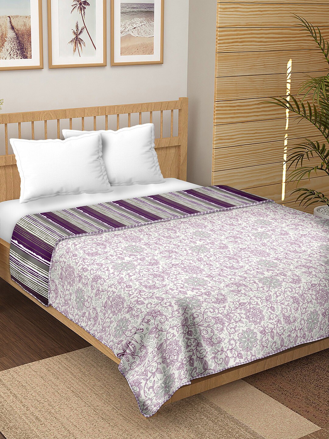 

BELLA CASA Purple & White Floral Reversible Cotton AC Room Double Bed Dohar