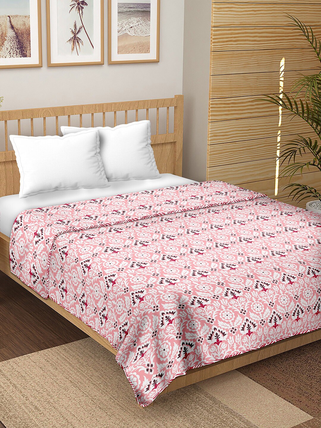 

BELLA CASA Pink & White Ethnic Motifs Reversible Cotton AC Room Double Bed Dohar