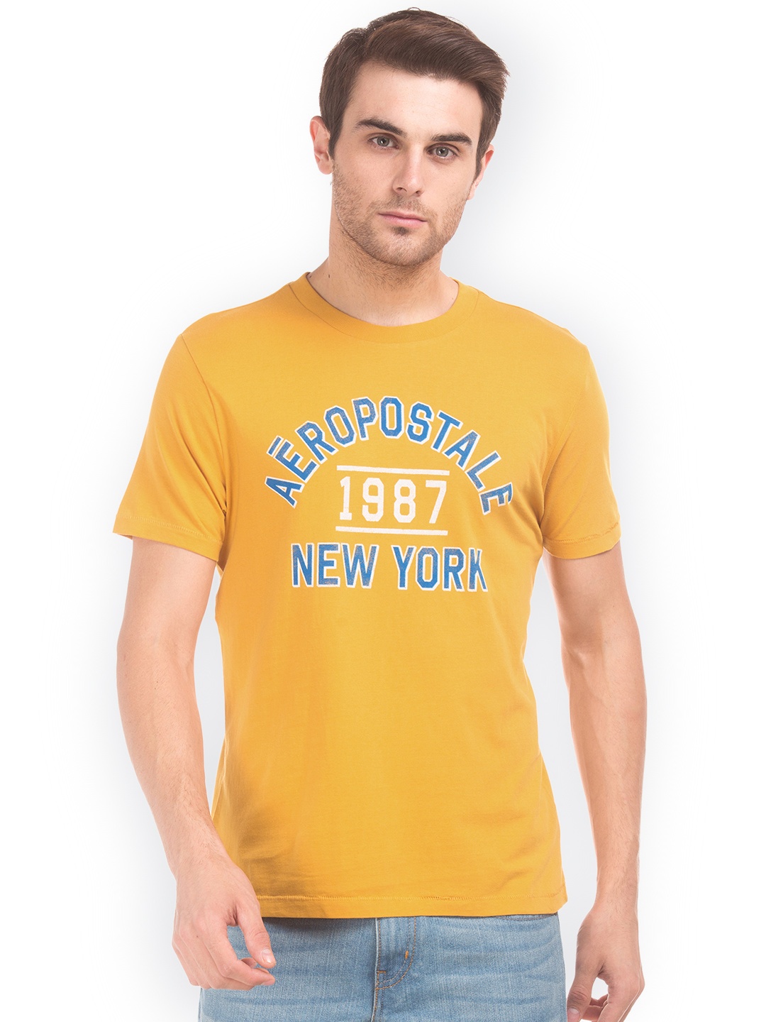 

Aeropostale Men Mustard Printed Round Neck T-shirt