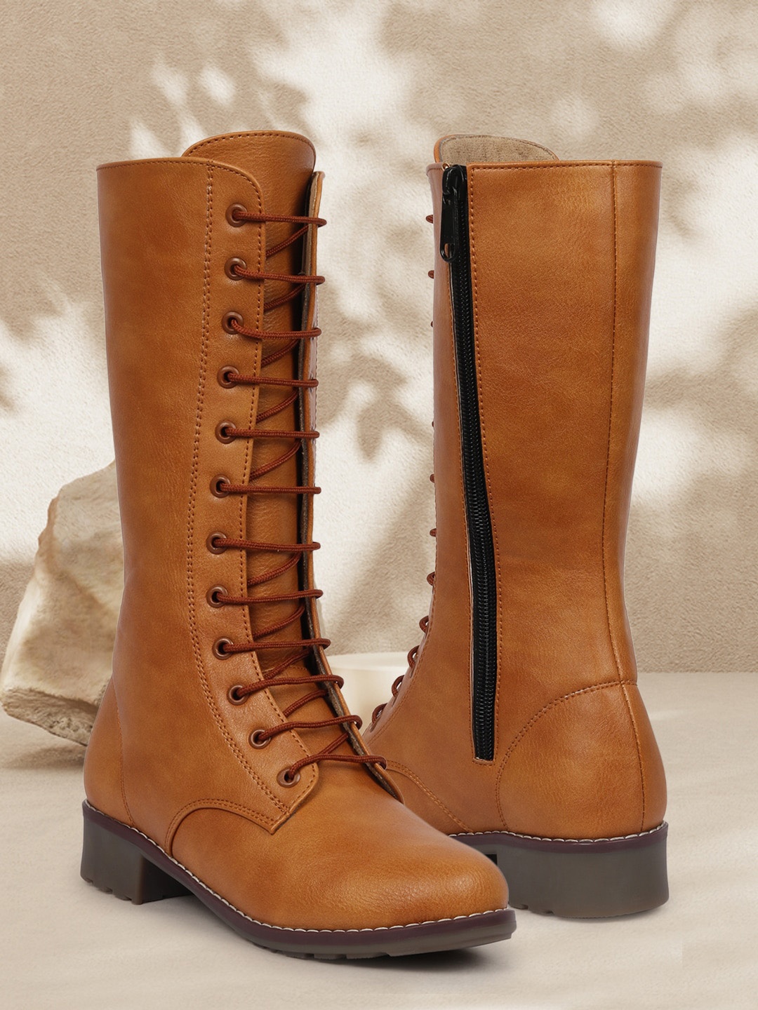 

ZAPATOZ Girls Solid Design Tan High-Top Heel Boots