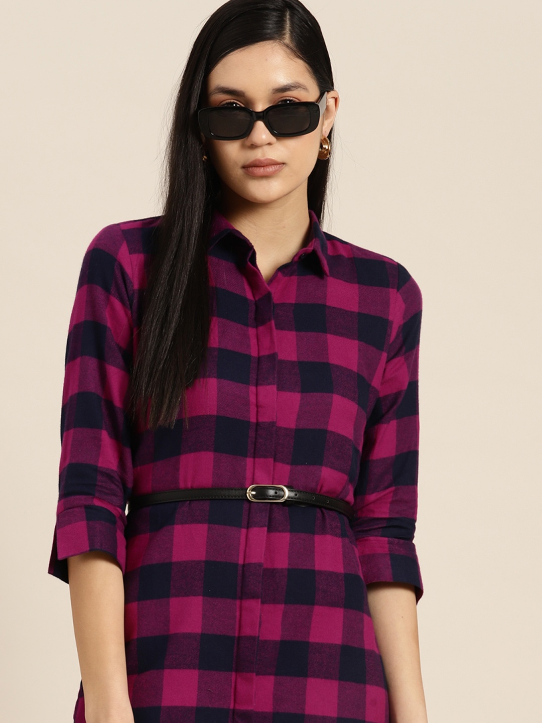 

Hancock Women Buffalo Flannel Checked Pure Cotton Formal Shirt Dress, Purple