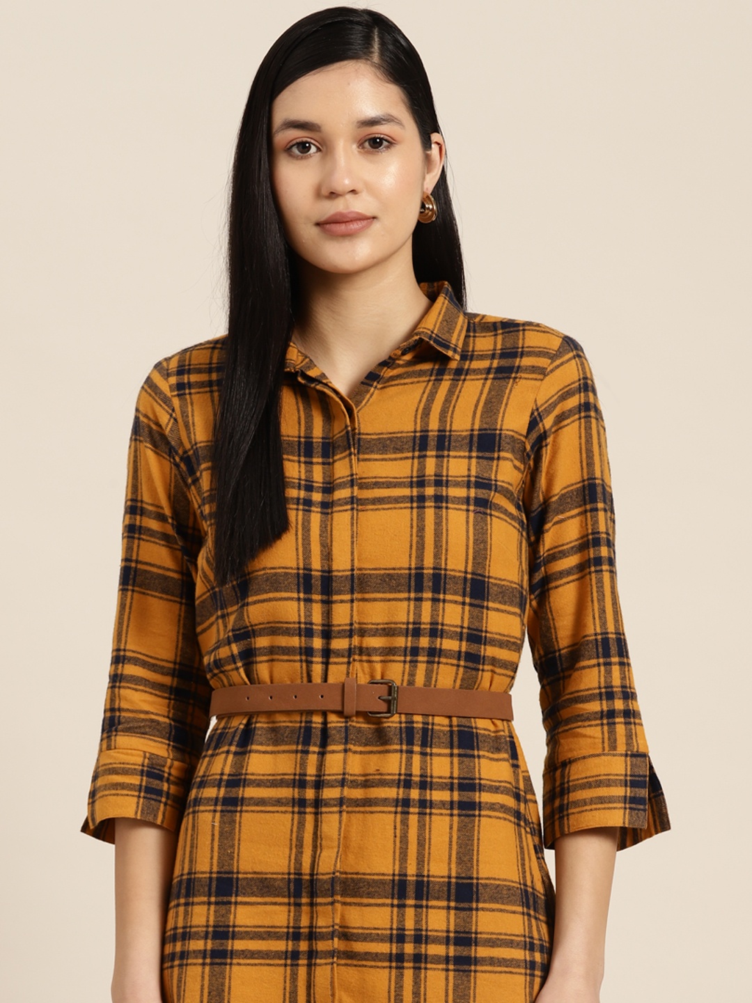 

Hancock Women Buffalo Flannel Checked Pure Cotton Formal Shirt Dress, Navy blue