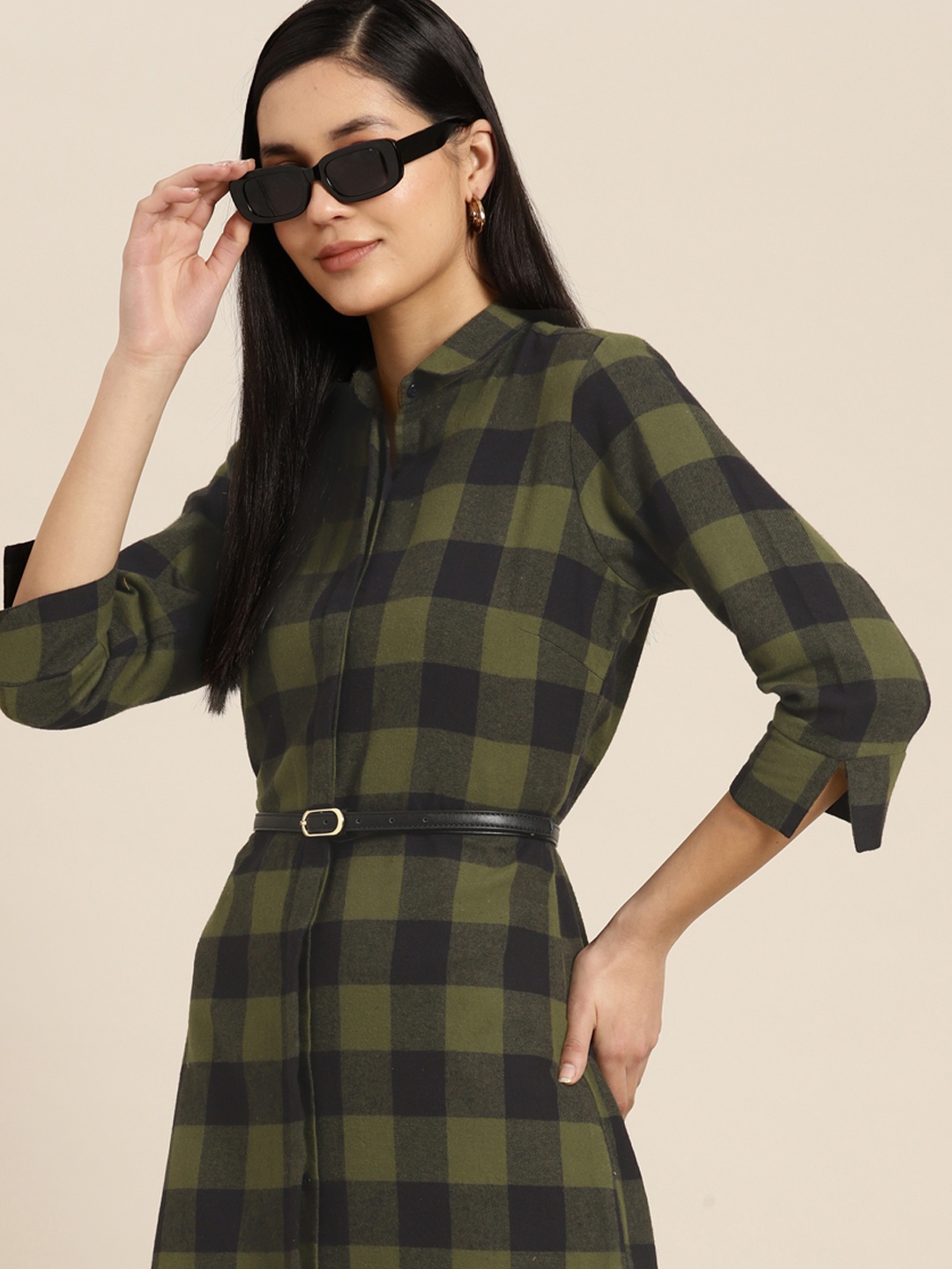 

Hancock Women Buffalo Flannel Checked Pure Cotton Formal Shirt Dress, Green