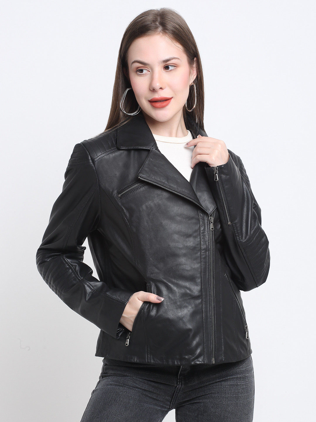 

Teakwood Leathers Women Leather Padded Jacket, Black