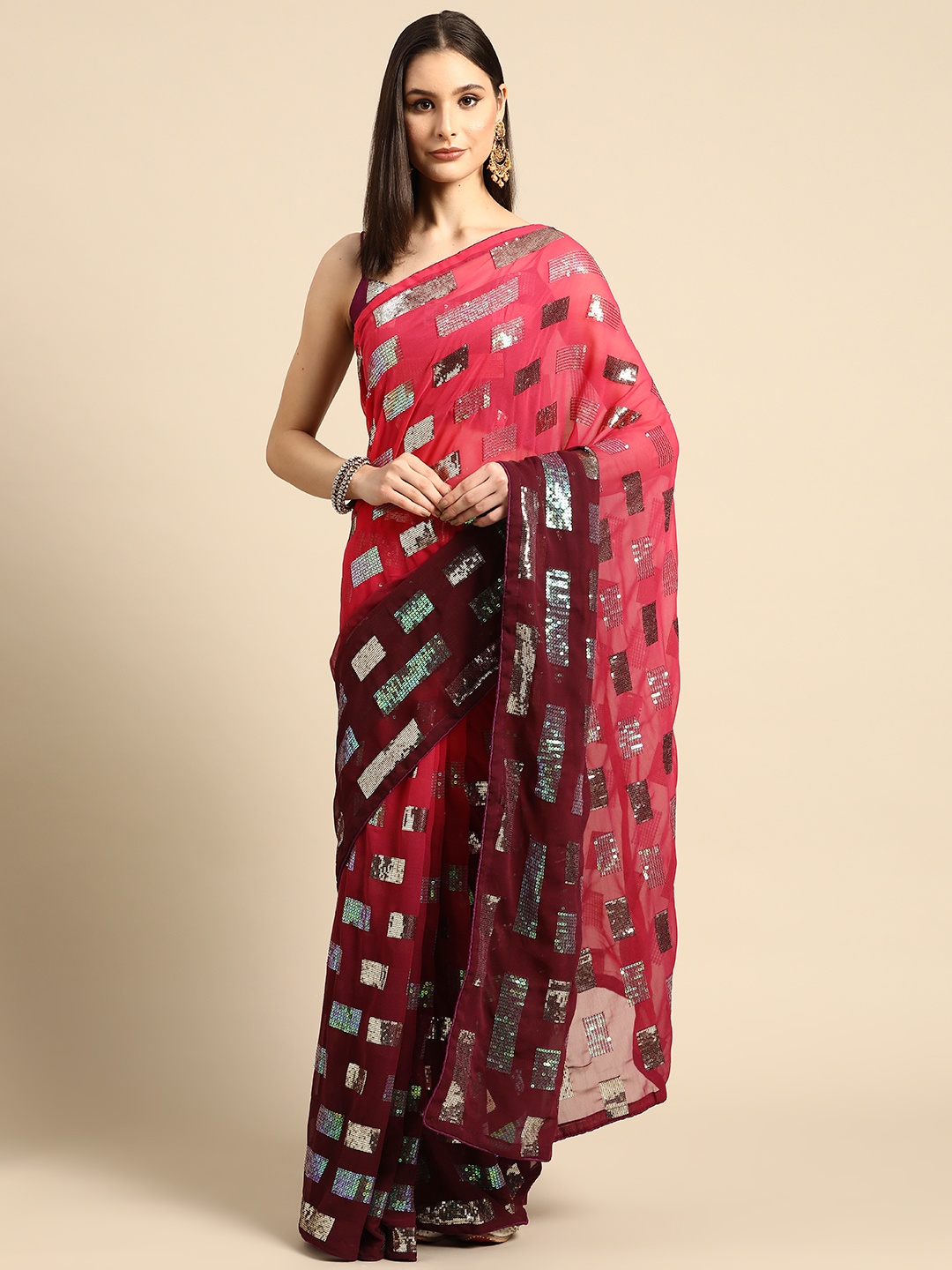 

SHUBHVASTRA Ombre Sequinned Saree, Red