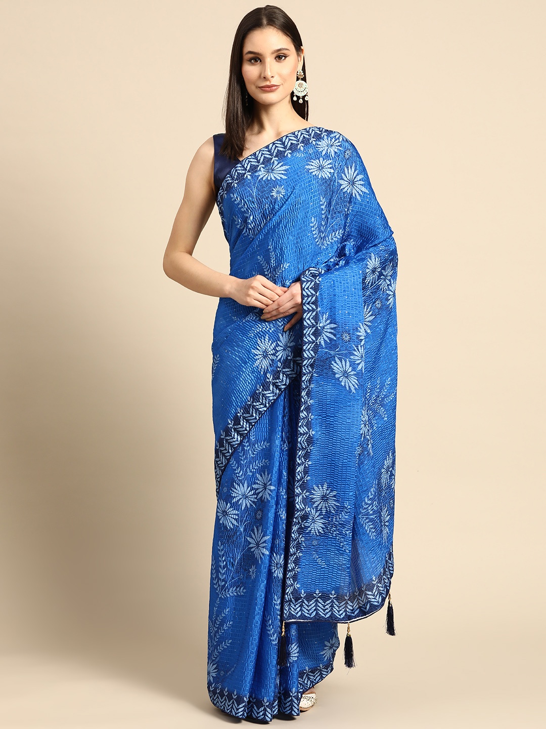 

SHUBHVASTRA Blue Floral Art Silk Saree
