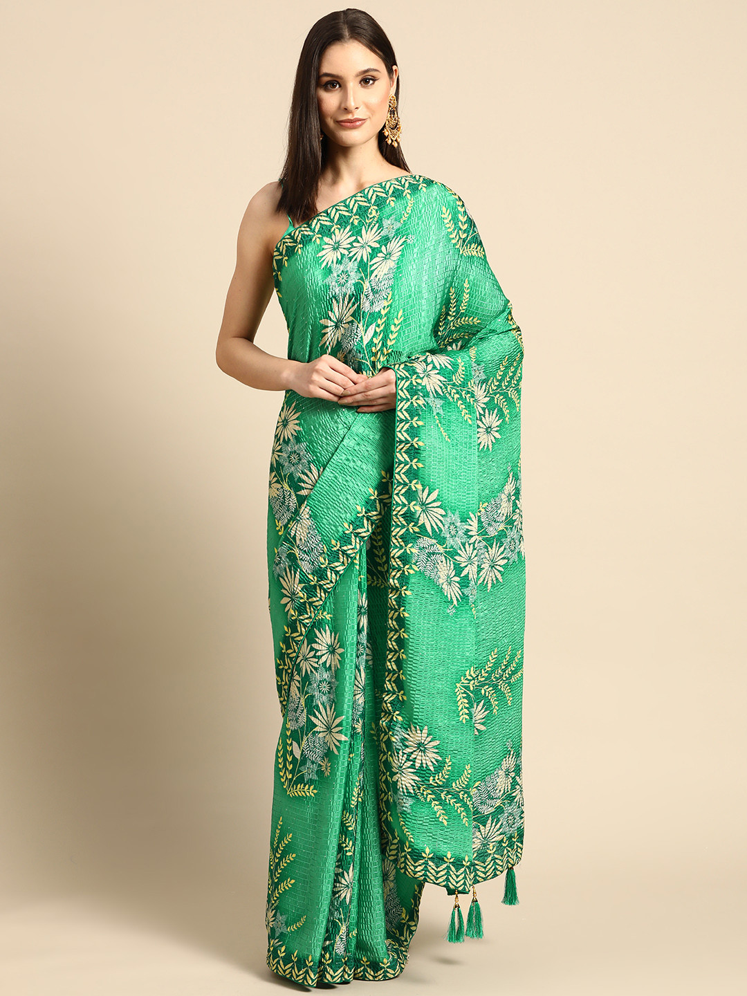 

SHUBHVASTRA Green Floral Art Silk Saree