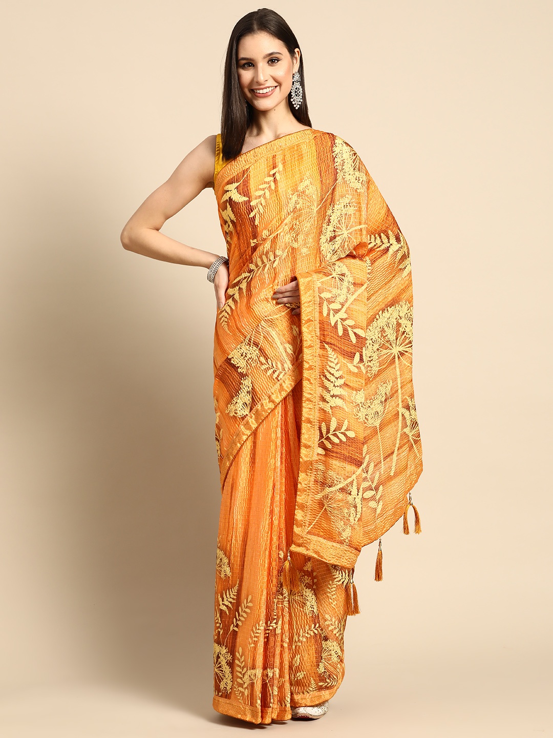 

SHUBHVASTRA Floral Sequinned Art Silk Saree, Yellow