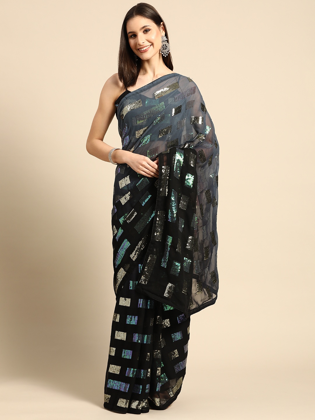 

SHUBHVASTRA Ombre Sequinned Saree, Black