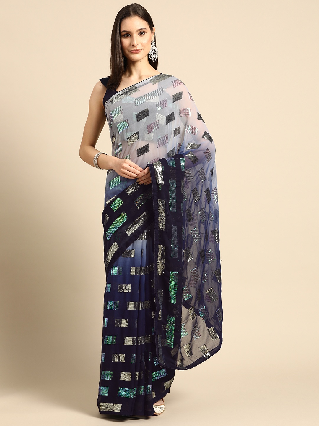 

SHUBHVASTRA Ombre Sequinned Saree, Navy blue