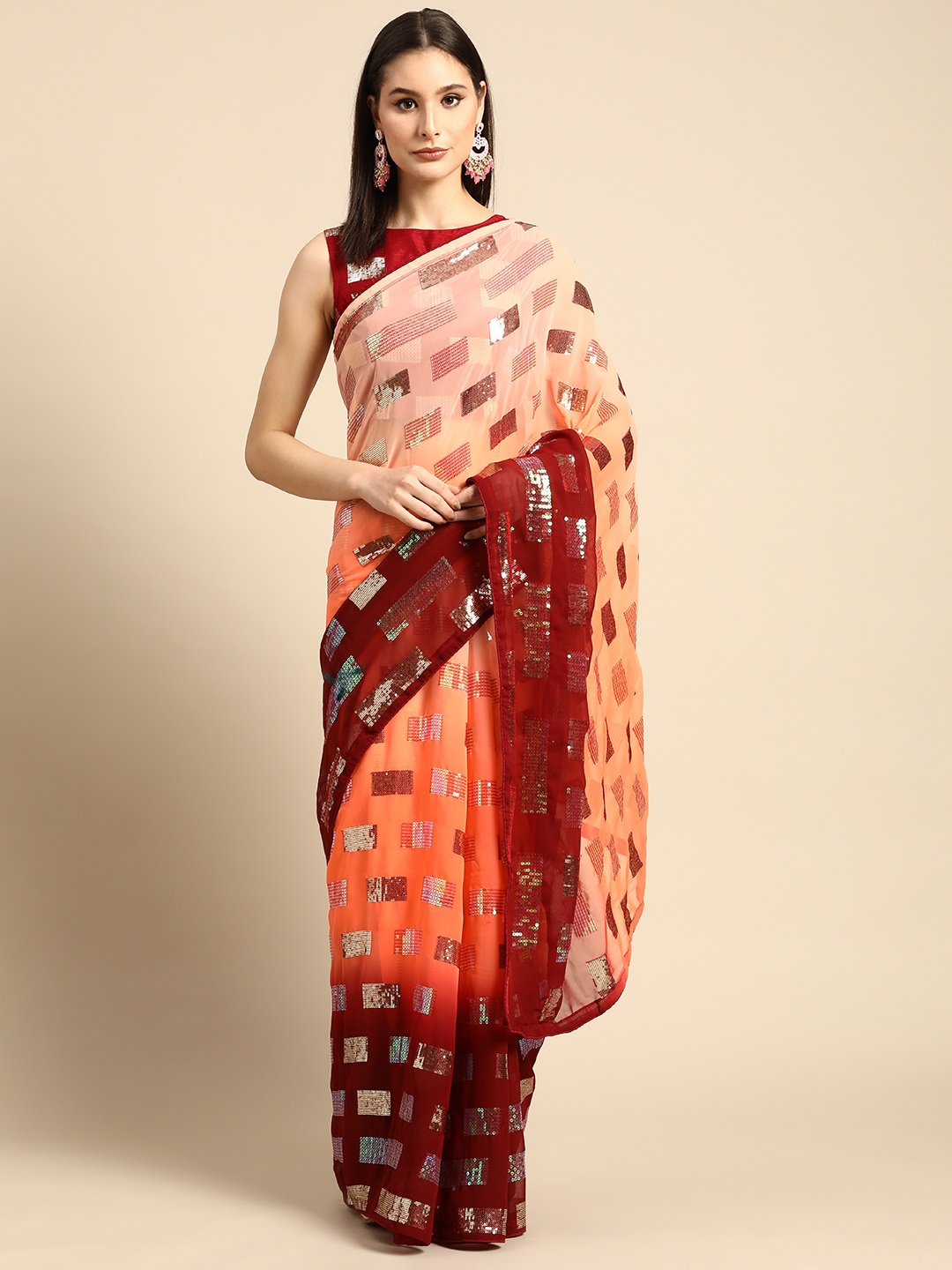 

SHUBHVASTRA Orange & Maroon Embellished Sequinned Saree