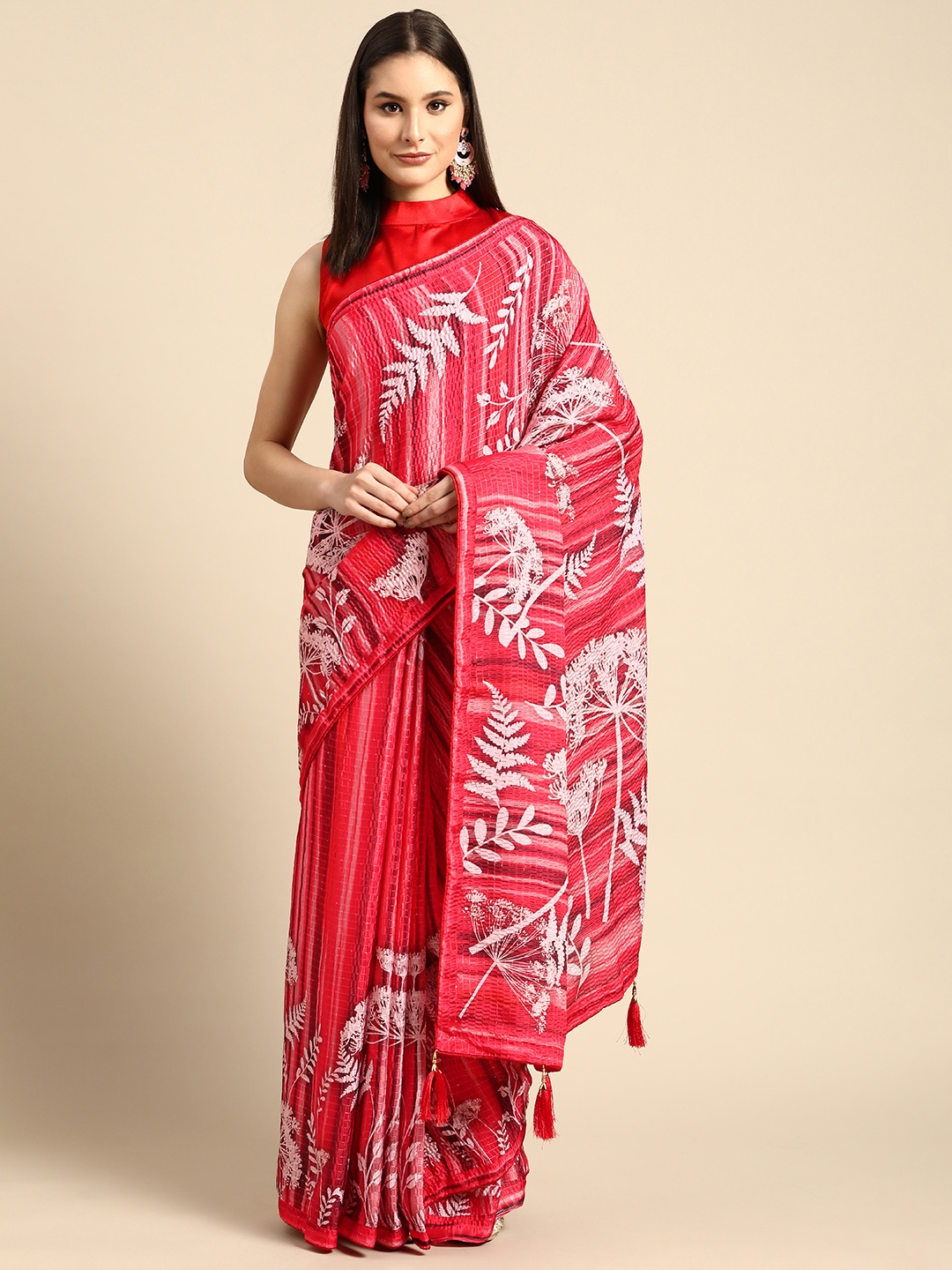 

SHUBHVASTRA Red Floral Sequinned Art Silk Saree