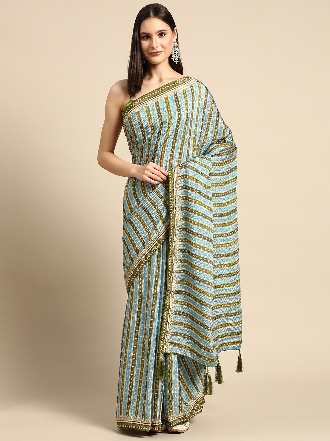 

SHUBHVASTRA Striped Sequinned Art Silk Saree, Multi
