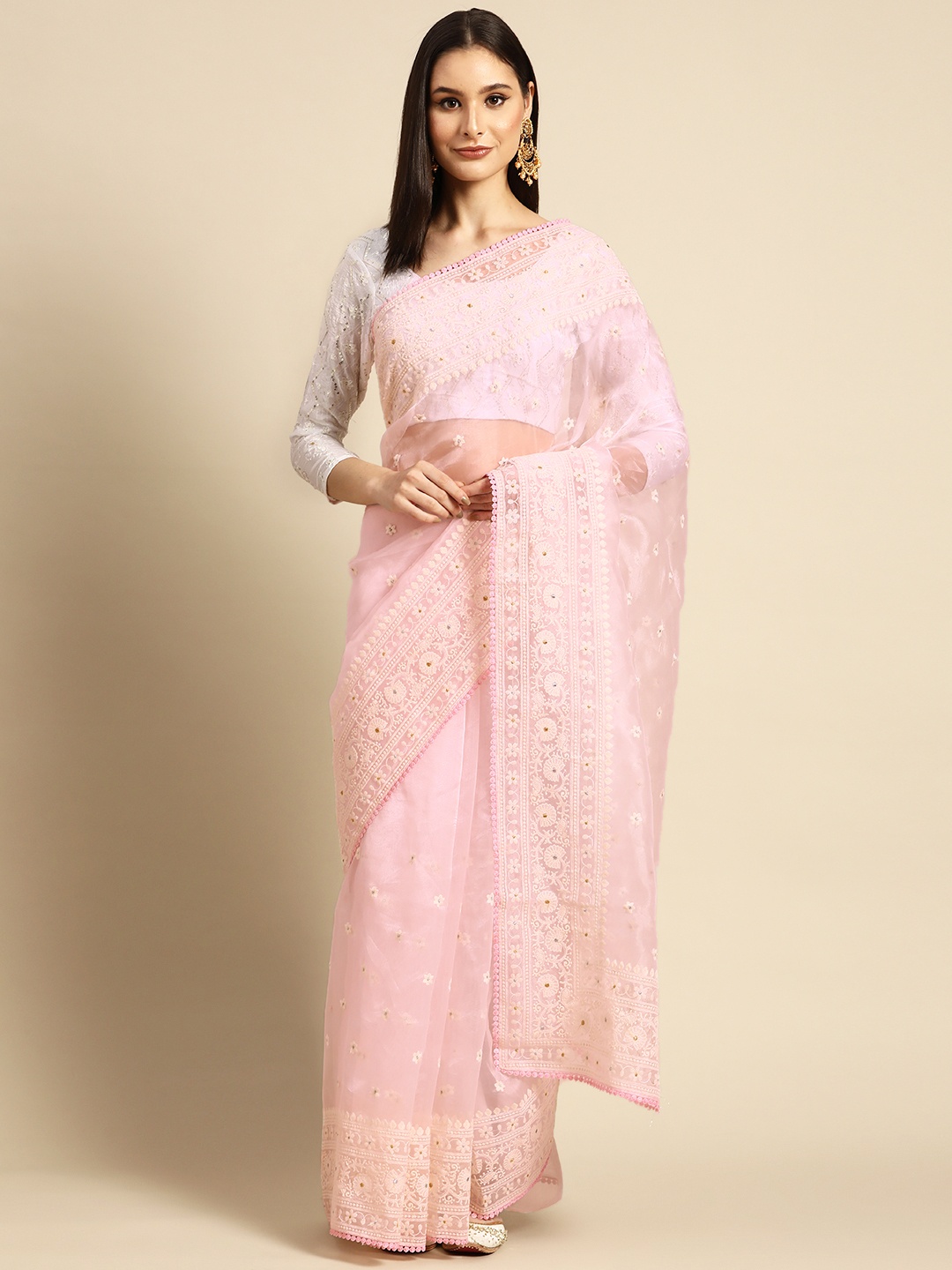 

SHUBHVASTRA Pink Floral Sequinned Chikankari Organza Saree